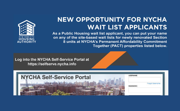 has a screenshot of NYCHA's Self-Service Portal and says New Opportunity for NYCHA Wait List Applicants