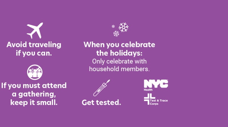 Graphics with text: Avoid traveling if you can; if you must gather, keep it small; when you celebrate the holidays: only celebrate with household members; get tested.