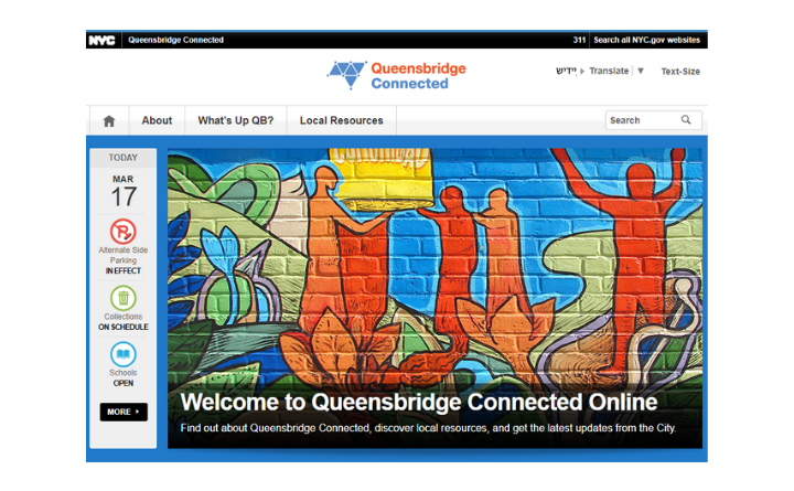 Screenshot of Queensbridge Connected website. Text reads Welcome to Queensbridge Connected Online