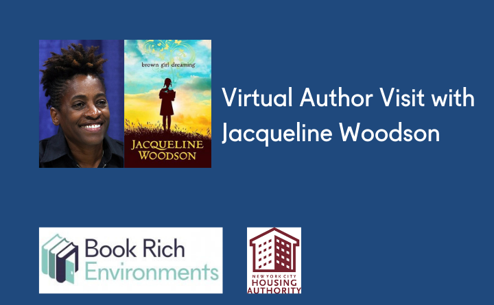 picture of woman, book cover with a little girl. Text: Virtual Author Visit with Jacqueline Woodson