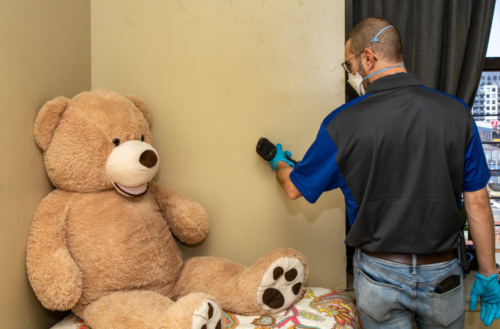 man holding XRF analyzer against a wall to test for paint. large teddy bear against wall
