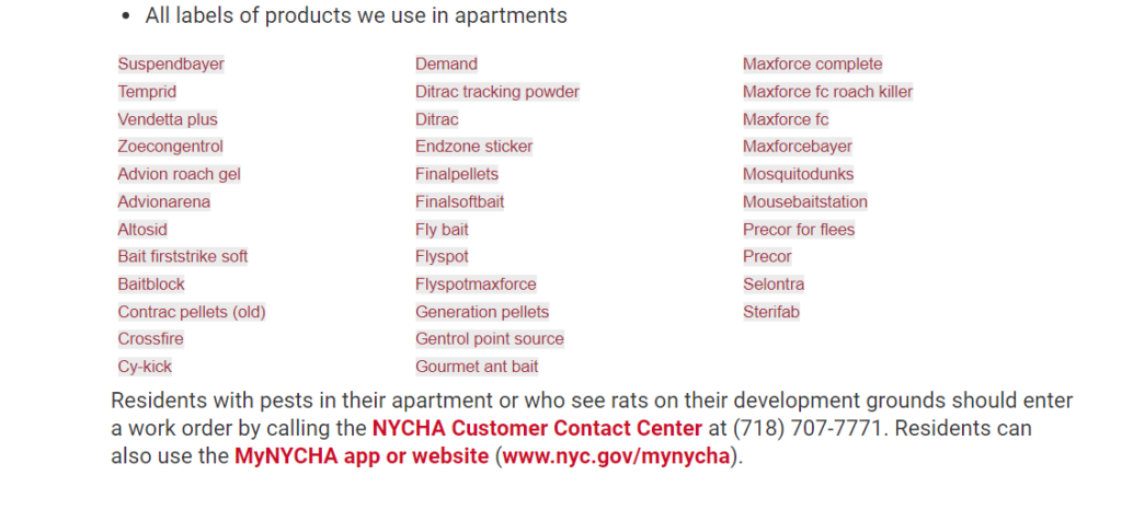list of pesticides NYCHA uses