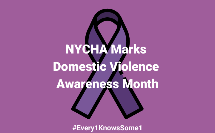 purple ribbon with text NYCHA Marks Domestic Violence Awareness Month #Every1KnowsSome1