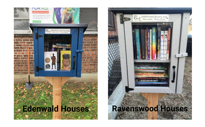 two images of little free libraries (small wooden boxes with books inside) at NYCHA developments