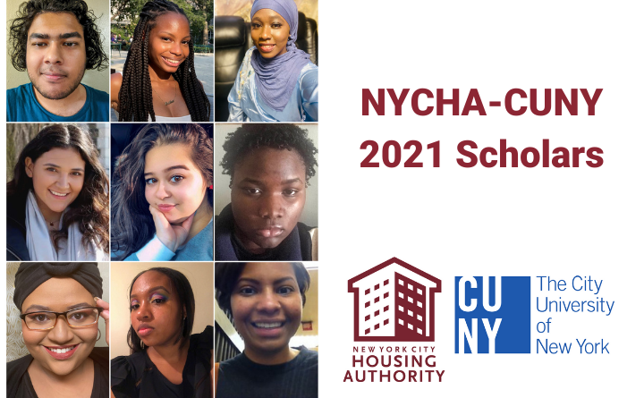 collage of nine people's faces and text NYCHA-CUNY 2021 Scholars, NYCHA house logo, CUNY logo