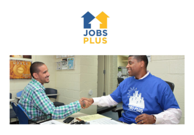 Jobs-Plus logo and two seated men shaking hands