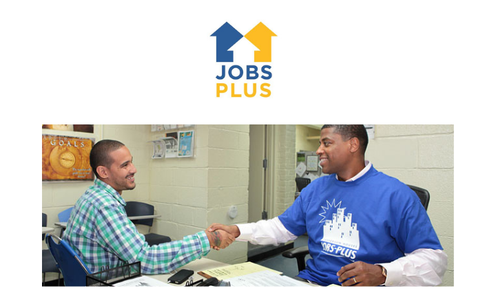 Jobs-Plus logo and two seated men shaking hands