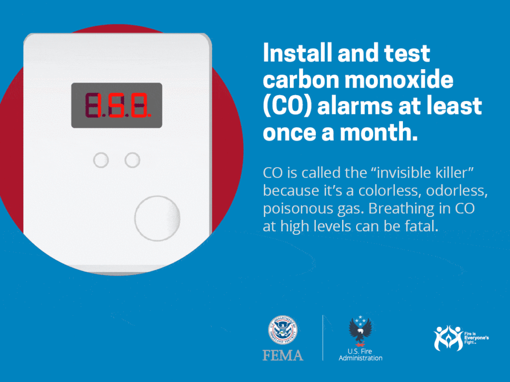 carbon monoxide alarm and text to install and test CO alarms at least once a month