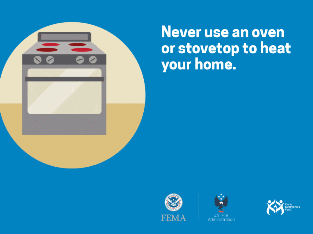 graphic of oven with text never use an oven or stovetop to heat your home