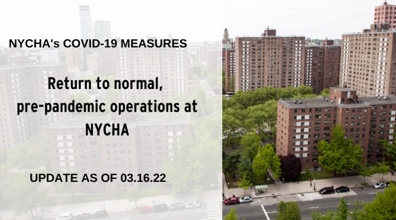 NYCHA building and text: Return to normal, pre-pandemic operations at NYCHA