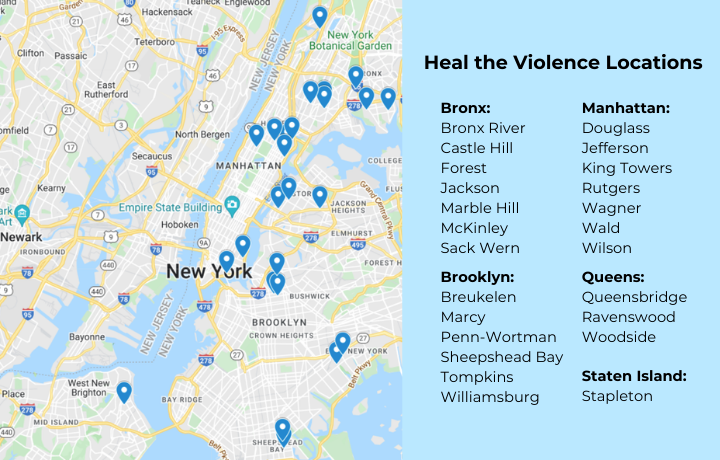 map of NYC boroughs with pins, list of developments that participated in Heal the Violence program
