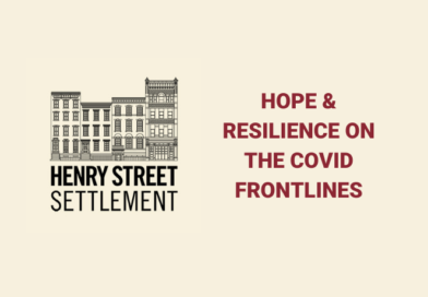 Henry Street Settlement logo with drawing of buildings and text: Hope & Resilience on the COVID frontlines