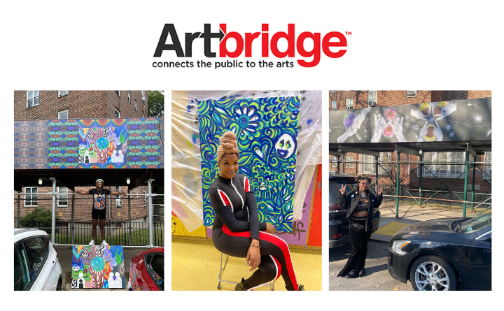 ArtBridge logo and three images of artists with their work