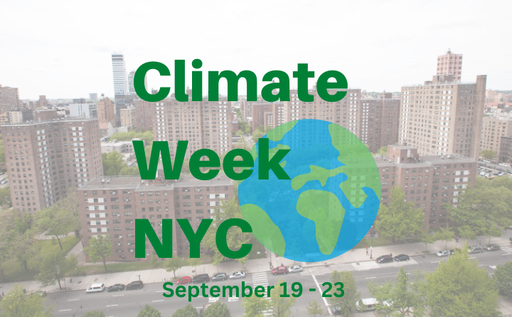 background is photo of buildings, text says Climate Week NYC September 19-23, and an image of the Earth.