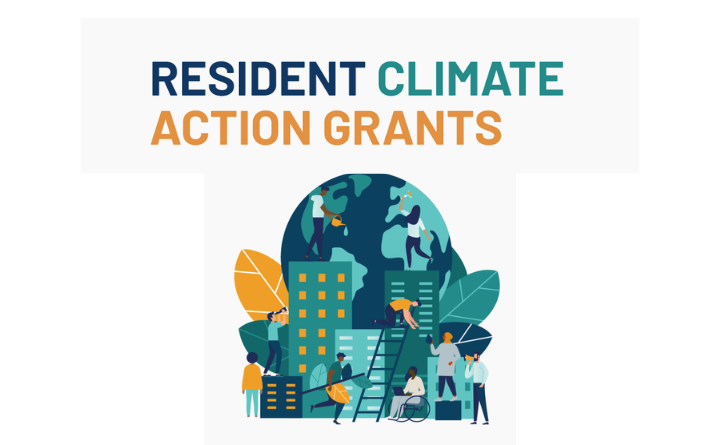 Text: Resident Climate Action Grants and graphic of the Earth and people around it