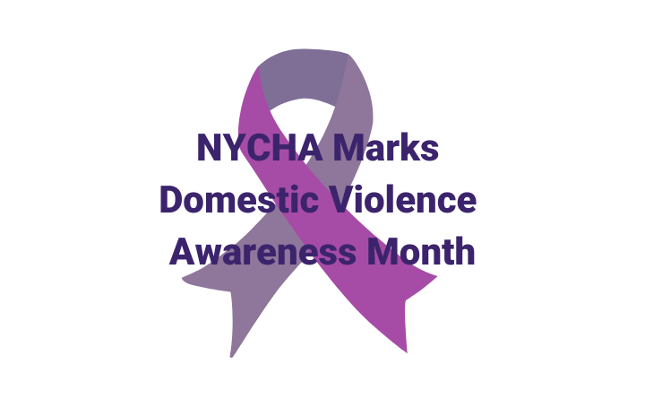 purple ribbon and text: NYCHA Marks Domestic Violence Awareness Month