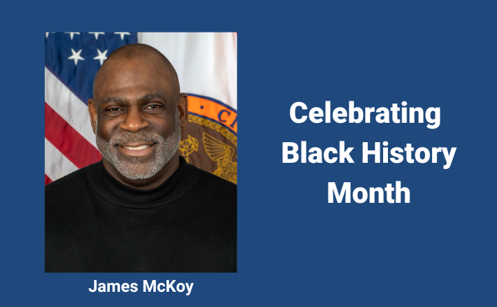 headshot of man, text beneath photo says James McKoy, text next to photo says Celebrating Black History Month