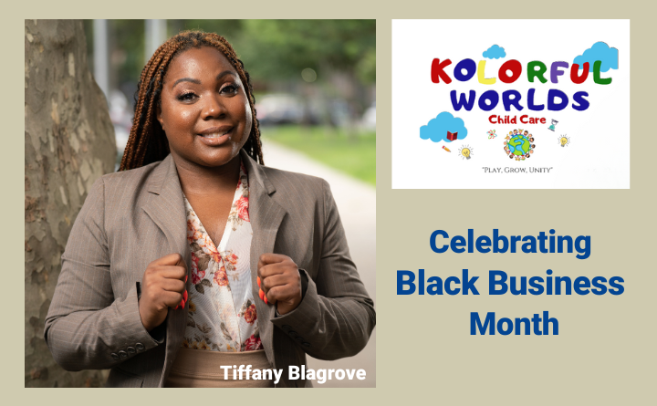 woman, logo for Kolorful World Child Care, text: Celebrating Black Business Month