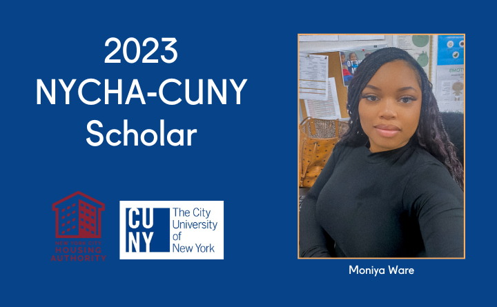 woman, text: 2024 NYCHA-CUNY Scholar, NYCHA logo and CUNY logo