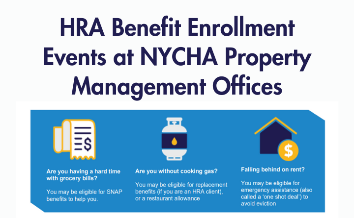 text: HRA Benefit Enrollment Events at NYCHA Property Management Offices graphic of services