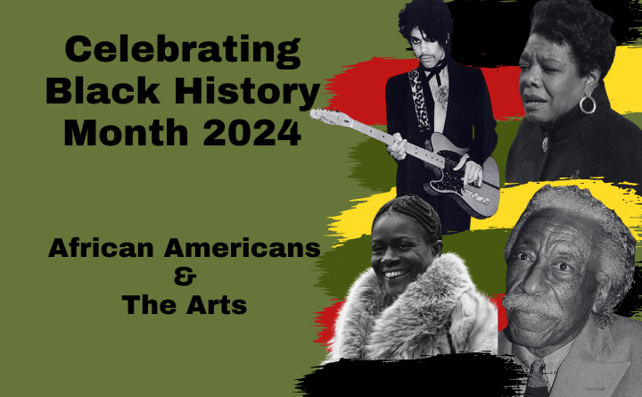 graphic featuring images of Prince, Maya Angelou, Cicely Tyson, Gordon Parks and the text Celebrating Black History Month 2024 African Americans & The Arts