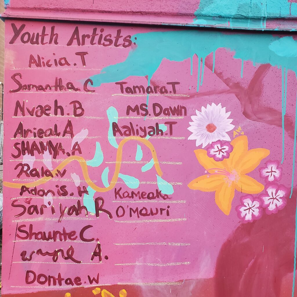 names of youth artists painted on mural