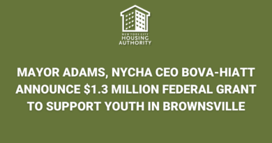 NYCHA logo, text: Mayor Adams, NYCHA CEO Bova-Hiatt Announce $1.3 Million Federal Grant to Support Youth in Brownsville