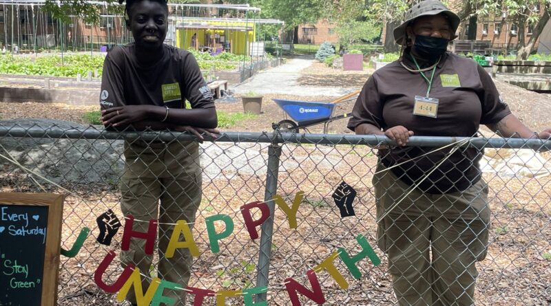 two people standing behind a fence with a banner hanging that reads Happy Juneteenth