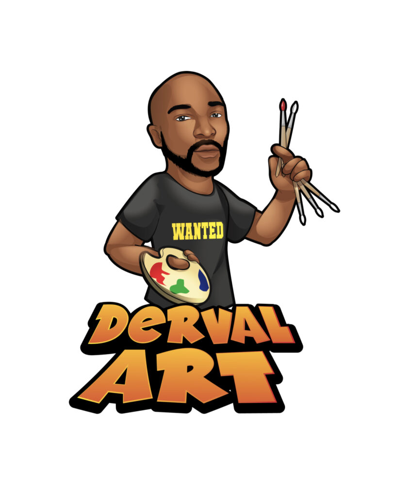 animated image of a man holding paintbrushes and paint palette with text Derval Art