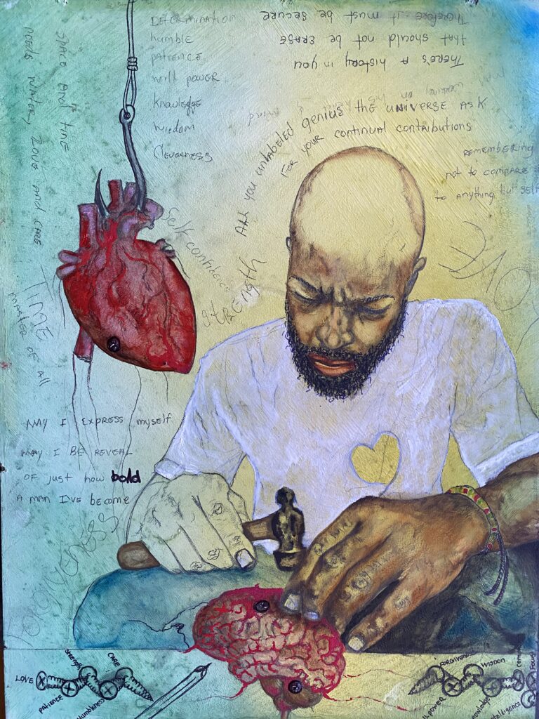 painting of a man with a heart and brain outside of body