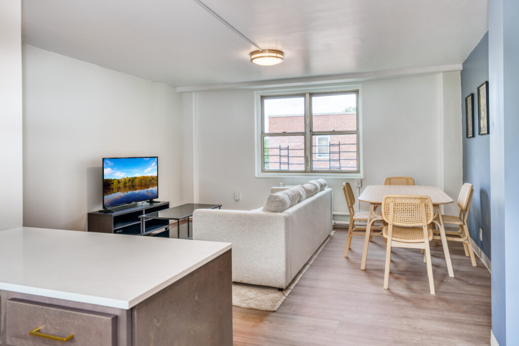 renovated living room, view from kitchen