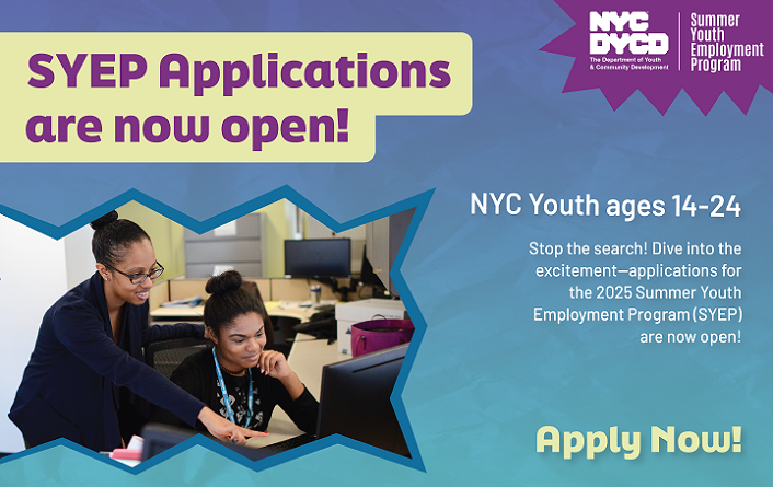 SYEP Applications are now open (text) photo of two people