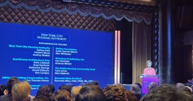 woman on stage at podium next to a large screen with text that says New York City Housing Authority and the projects that won awards along with names of companies/organizations