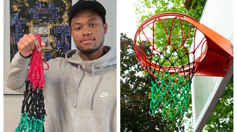 two photo collage: 1-man holding basketball net 2-basketball net