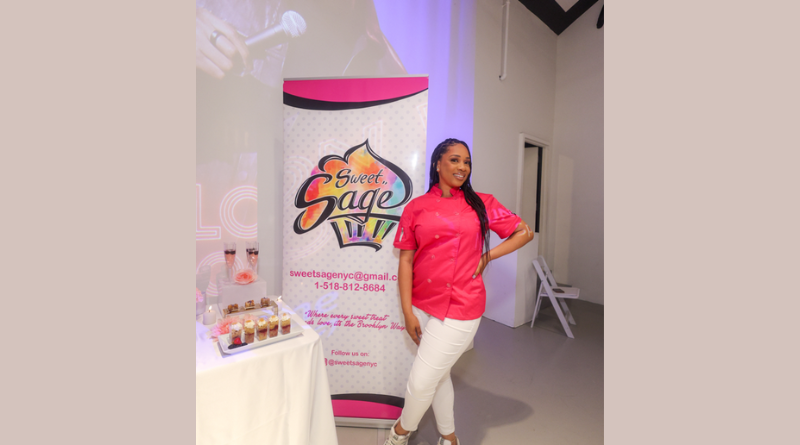 woman chef standing near sign and desserts