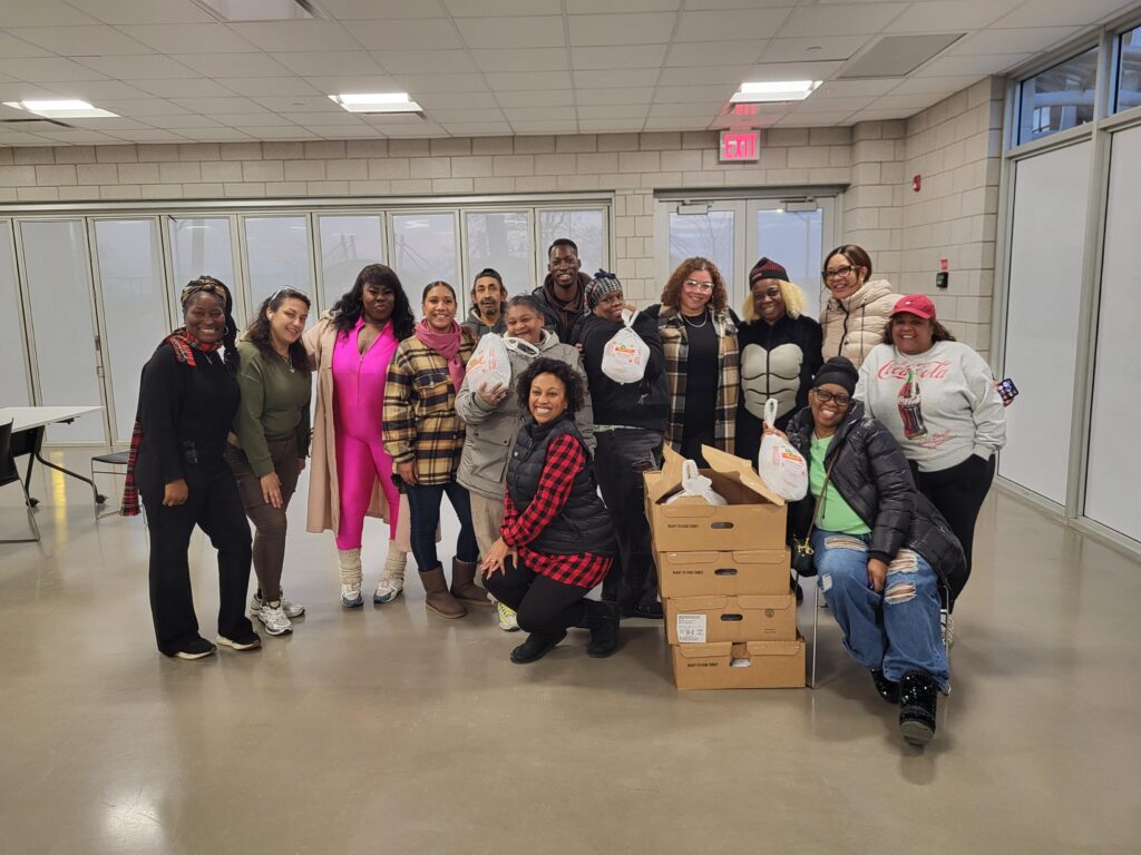 group of people with donated food
