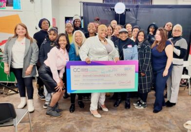 group of women holding large check