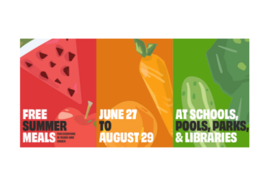 colorful graphic with images of fruits and vegetables and text: Free Summer Meals for everyone 18 and under June 27 to August 29 at schools, pools, parks, and libraries