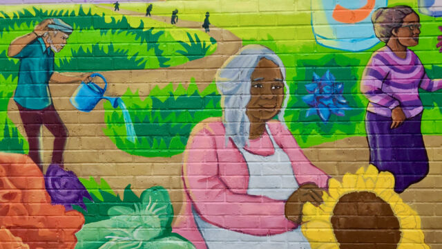 Photos courtesy of Thrive Collective. painted mural of people in garden