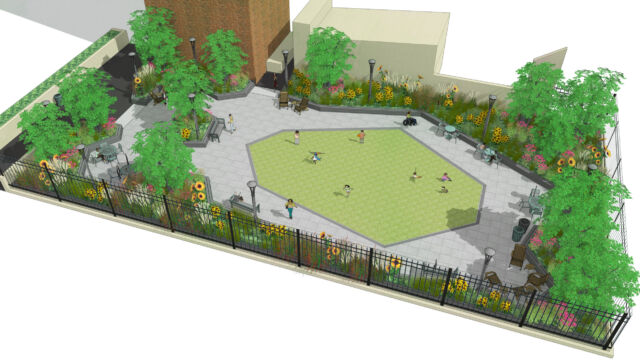 Renderings of the outdoor spaces at East 28th Street and Public School 139.