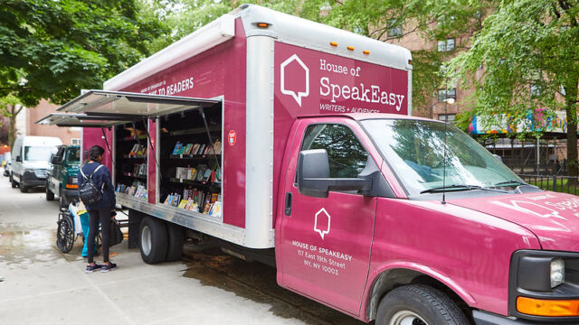The Speakeasy Bookmobile at Chelsea-Elliott Houses. Photo by Jasmina Tomic. small truck with books inside