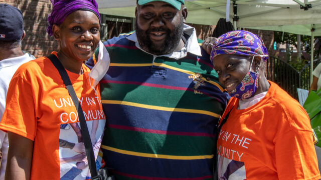 Lincoln Houses Resident Association President Lea Potter (left) and Danny Barber (middle), President of the Citywide Council of Presidents and Jackson Houses Resident Association President. three people
