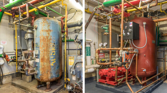 "Before and after" photos of a boiler room at PACT Hope Gardens Boiler room upgrades