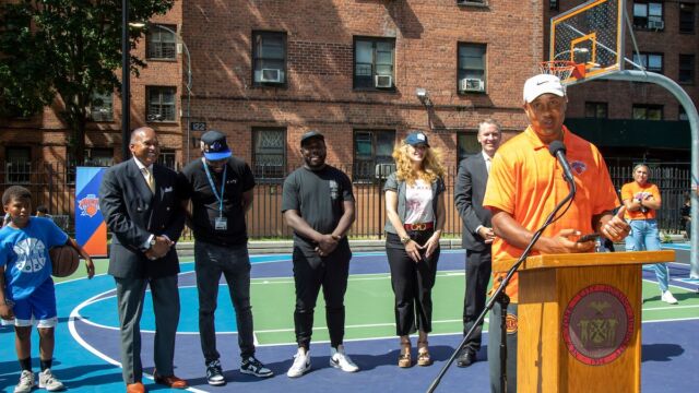 New York Knicks legend John Starks was among the speakers at a kickoff event for the new Junior Knicks Basketball League. John Starks at Junior Knicks