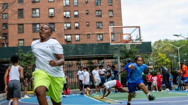 The kickoff event included a skills and drills clinic. Junior Knicks clinic