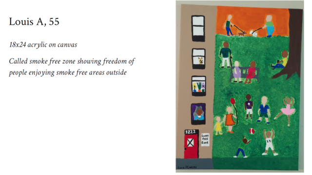 painting of a building with green space and people