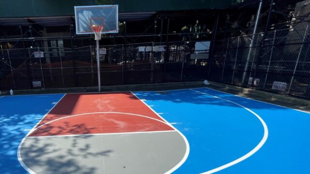 Newly painted surfaces for the play areas at Brooklyn's Fiorentino Plaza. Fiorentino Plaza play area