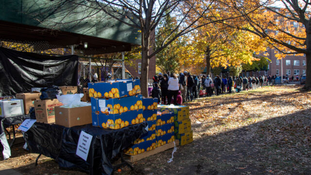 Thanksgiving Food and Turkey Distribution at Breukelen Houses people standing on a line waiting for food