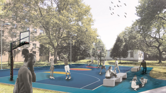A design rendering of the upgraded basketball court at Pomonok Houses. Pomonok court rendering