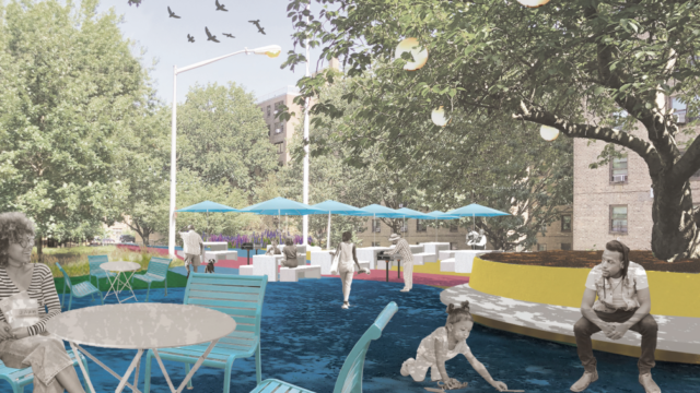 A design rendering of the proposed communal barbeque and seating area. Pomonok bbq rendering